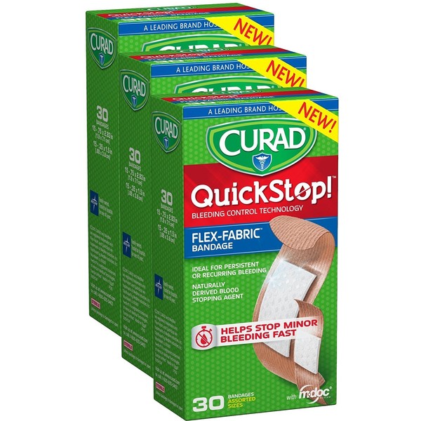 Curad Quickstop Instant Clotting Technology Flex-Fabric Bandages, Assorted Size, 30 Count, 3 Pack, 90 Count
