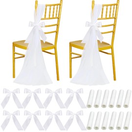 HunnmingRe 24 Set Wedding Aisle Decor Bulk Chiffon White Chair Sashes with Ribbons Tulle White Sashes Pew Decorations for Weddings Party Ceremony Church Flower Arrangement