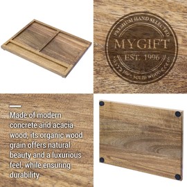 MyGift Modern Concrete Office Desktop Stationery Holder Set with Sticky Note Storage & Acacia Wood Tray – 3-Piece Desk Organizer