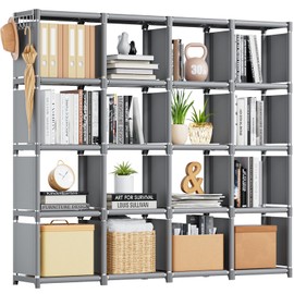 Mavivegue Book Shelf, 16 Cube Storage Organizer, DIY Bookcase, Metal Cube Bookshelf,Tall Book case for Bedroom, Living Room,Office,Closet Storage Organizer, Grey Cubicle Storage Rack