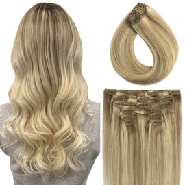Aison Clip in Hair Extensions 100% Remy Human Hair 18p613 Mixed Bleach Blonde 7A 70G/7Pcs Soft Silky Straight 16clips for Women(22 Inch #18P613)