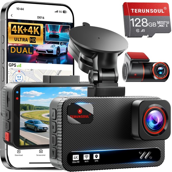 TERUNSOUl 4K+4K Dash Cam Front and Rear, Free 128GB Card