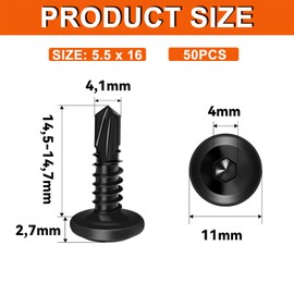 Wavanta 50Pcs Self Tapping Screws, 5.5 x 16mm Flat Head Self Drilling Screws for Metal, Black Stainless Steel Screw, Hex Socket, Tek Screw with Screwdriver Bit