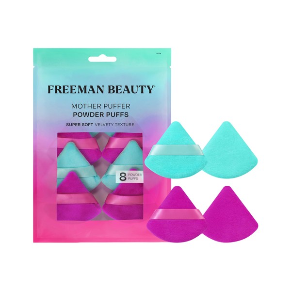 Freeman 8 Count Mother Puffer Powder Puff Set, Makeup Puffs For Pressed or Loose Powder, Velvet Material, Cloud Skin, Triangle Powder Puffs With Finger Band For Setting & Baking, Vegan & Cruelty-Free
