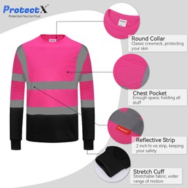 ProtectX 3-Pack Men's High Visibility Heavy Duty Breathable Long Sleeve Reflective Safety T-Shirts for Work Warehouse Construction, Class 2 Type R, Pink - Medium