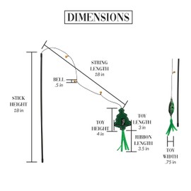 Pavilion - Pine Tree - 18" String Cat Toy with 18" Stick Handle with Ribbons and Bells Kitten Kitty Feline Furry Companion Present