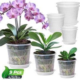 T4U Orchid Pot, 9 Pack Orchid Pots with Holes and Saucers for Repotting, 3 Each of 4.3, 5.5 and 6.3 Inch, Clear Plastic Flower Plant Pot for Indoor Outdoor Plants, Orchids Planter for Root Health