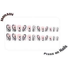 IMRAIN Press on Nails Medium Square Fake Nails with Black Vine Design White French Tips False Nails Glue on Nails Full Cover Nail Art Glitter Stick on Nails for Women 24Pcs