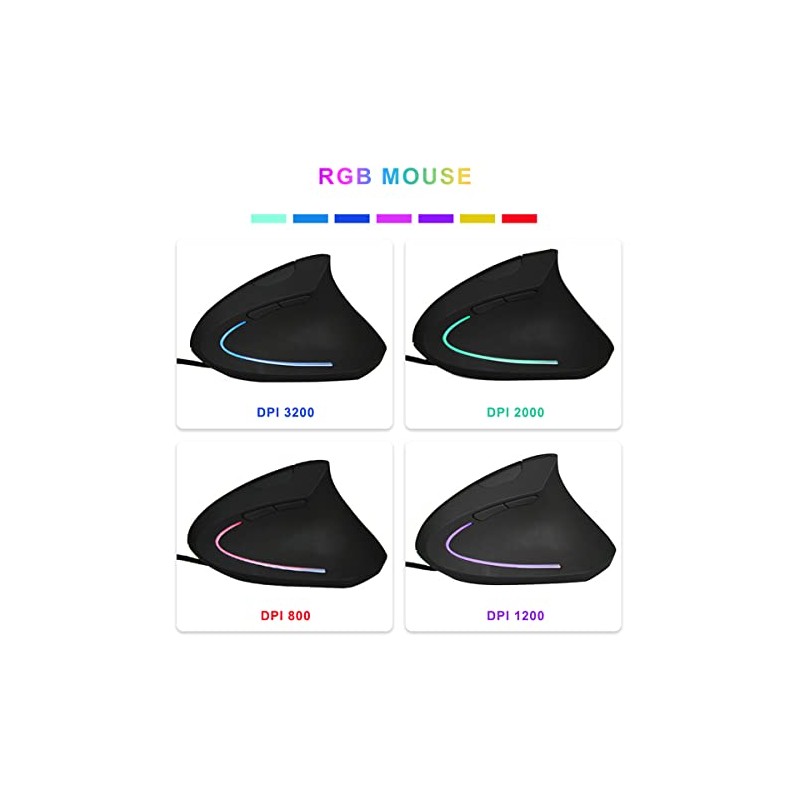 MOYAC Mouse Ergonómico Alarmbrico con 6 Botones, Mouse RGB Silencioso