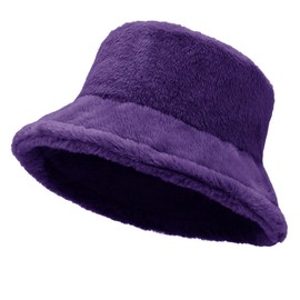 Women Plush Fluffy Bucket Hat Warm Lining Winter Faux Fur Cozy Wide Brim Winter (Purple)