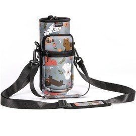 Nuovoware Water Bottle Carrier Bag, 40oz Bottle Pouch Holder, Adjustable Shoulder Hand Strap 2 Pocket Sling Neoprene Sleeve Sports Accessories for Hiking Travelling, Gray Puppy