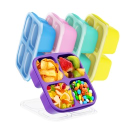5 Pcs Bento Snack Containers, Reusable 4 Compartment Divided Food Storage Containers, Divided Lunchable Container for School, Work and Travel (Transparent Lids)