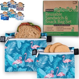 SnackJacket Reusable Sandwich & Snack Bags - Set of 2 Food Storage Bags - One Tree Planted Per Purchase - Double Layered, Waterproof and Eco Friendly Lunch Bags (Flamingos)…