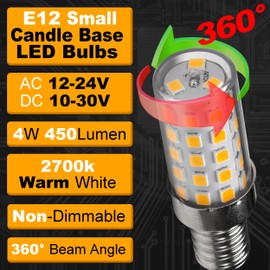 Hylroe 12V E12 LED Candelabra Bulb 40Watt Equivalent Warm White 2700K 4W 450Lm Low Voltage AC12-24V/DC10-30V for RV Camper Marine Boat Cabin Patio Landscape Lighting Solar Battery,Non-dimmable,4Pack