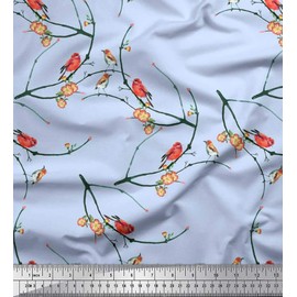 Soimoi Blue Cotton Canvas Fabric Branch,Floral & American Robin Bird Printed Fabric 1 Yard 56 Inch Wide