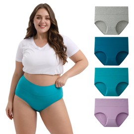 INNERSY Women's Waist Briefs Cotton High Waist Briefs (44-62) Pack of 4, Blue/Grey/Green/Purple