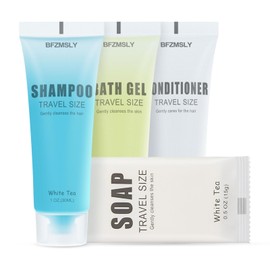 5 Sets Hotel Toiletries Set Bulk, 20 Pcs Travel Mini Bundle Amenities with Shampoo, Conditioner, Body Lotion & Bar Soap - White Tea Scent - Guest Supplies for Airbnb, Motel, Hospitality