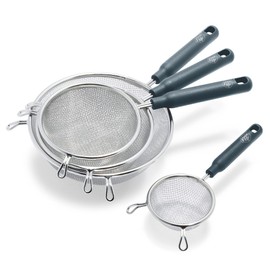 GreenLife Cooking Tools and Utensils, 4 Piece Extra Fine Stainless Steel Mesh Strainer Kitchen Set, Stay Cool Handles, Dishwasher Safe, BPA-Free, Grey