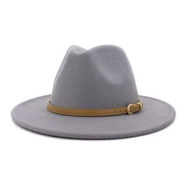 Lisianthus Women Classic Felt Fedora Wide Brim Hat with Belt Buckle, Light Grey, Medium