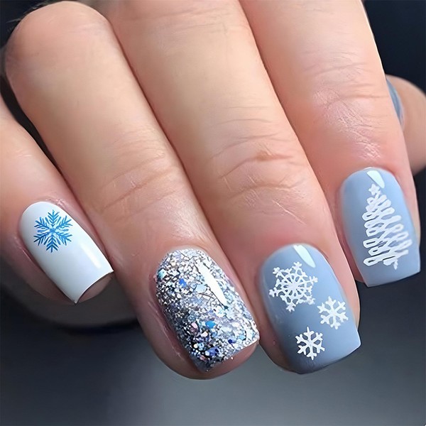 Christmas Press on Nails Short - Blue Snowflake Pattern Square