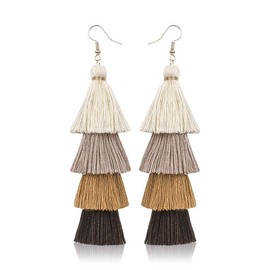 Bohemian Layered Long Pom Pom Tassel Earrings Drop Dangle Tiered Ombre Fringe for Women (White and Brown)