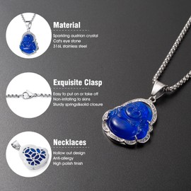 WESTMIAJW Lucky Laughing Blue Buddha Pendant Chain Necklace Silver Amulet Jewelry for Men Women 60cm