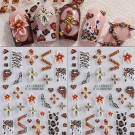2sheets Brown Nail Stickers Flower Leopard Print French Nail Decals 5D Self-Adhesive Nail Design Stickers for Acrylic Artificial Nails for Women Summer Manicure Decoration Supplies
