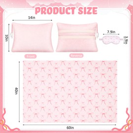3 Pcs Travel Airplane Blanket Gift Set for Women 40 x 60 Pink Bow Throw Blanket, Eye Mask and Storage Bag with Hand Luggage Sleeve Comfort and Self Care Essentials for Flying Train and Road Trip