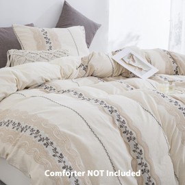 TodaFre Beige Boho Cotton Linen Duvet Cover Queen Size, Soft Breathable Bedding Set for Hot Sleepers -1 Textured Duvet Cover 90x90 Inches with Zipper Closure, 2 Pillowcases