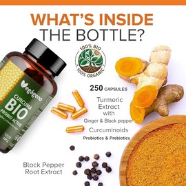 250 Capsules Turmeric Capsules with Organic Turmeric Powder High Dose Complex with Bacterial Cultures and Organic Inulin Curcuma Longa Turmeric with Ginger and Black Pepper Vegan Supply VEGAGENO
