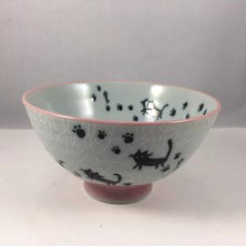 Unbranded SET of 2 Japanese 4.5"D Porcelain Rice Bowl Grey Crackle Pink Cat Made in Japan