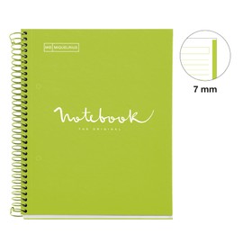 Miquelrius - Notebook A5 notebook, 1 coloured strip, 80 sheets with horizontal ruling 7 mm, paper 90 g/m² micro-perforated with 2 holes for 2 rings, cardboard cover, lime green