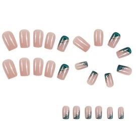 Press on Nails Medium Square Green False Nails Gold Foil Design French Fake Nails Artificial Acrylic Nails Full Cover Glossy Reusable Coffin Nails Glue on Nails for Women Supplies 24Pcs