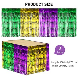 ADXCO 2 Pack 29 x 106 Inches Mardi Gras Metallic Foil Fringe Table Skirt Disposable Tinsel Table Skirt Banner Garland for Rectangle Round Tables, Mardi Gras Decoration, Gold Green Purple