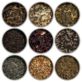 Heavenly Tea Leaves Organic Assorted 9 Loose Leaf Tea Gift Box (Approx. 90 Cups of Tea), Sampler Set of 9 Teas & Herbal Tisanes - Great Hot or Iced, High to No Caffeine