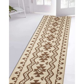 Custom Length Cut to Size Tribal Ethnic Southwestern Inspired Hallway Runner Rug, Non Slip Rubber Backed, 31 inch Wide X Customized Length, Aztec Beige, 31 inch X 4 feet, Doormat Size