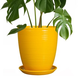 EPFamily Ceramic Plant Pot - 8 Inch Planter Pot with Drainage Hole and Saucer Round Planter for Indoor Outdoor Plants Flower Pot for Home Patio Garden Office Yellow