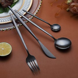 Kyraton Black Cutlery Set 24 Pieces, Stainless Steel Flatware Set, Titanium Plating Black Silverware Set Strong Anti Rust, Dishwasher Safe, Tableware Set Serving 6 People.