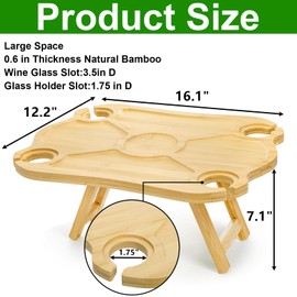 Yesland Portable Picnic Table, Foldable Champagne Picnic Snack Tray, Collapsible Wooden Outdoor Camping Table with Wine Glasses Holder for Park, Beach, Bed, Road Trip, Wine Lover Gift