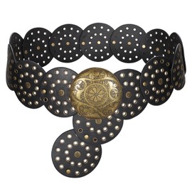 WERFORU Women Vintage Leather Belt Western Disc Waist Belts Ladies Western Belt Boho Belt for Dress Jean (41":Fit Waist Size Below 38",Black-Bronze Buckle)