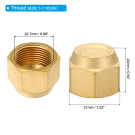 PATIKIL 3/4" Brass Flare Cap, 2pcs 1-1/16UNF Female Thread SAE Flare Fitting 45 Degree Hex Pipe Fittings for Air Conditioner Refrigeration, Concave Top