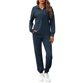 REORIA Women Cotton Half Zip Tracksuit Set Henley Neck Lounge Wear Sets Long Sleeve Two Piece Outfit Solid Color Co Ord Sets Navy Blue S