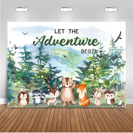 ANSHUHAI Adventure Awaits Baby Shower Backdrop Let The Adventure Begin Baby Shower Decorations Woodland Theme Birthday Party Decoration Rustic Forest Mountains Photography Background (7x5ft)