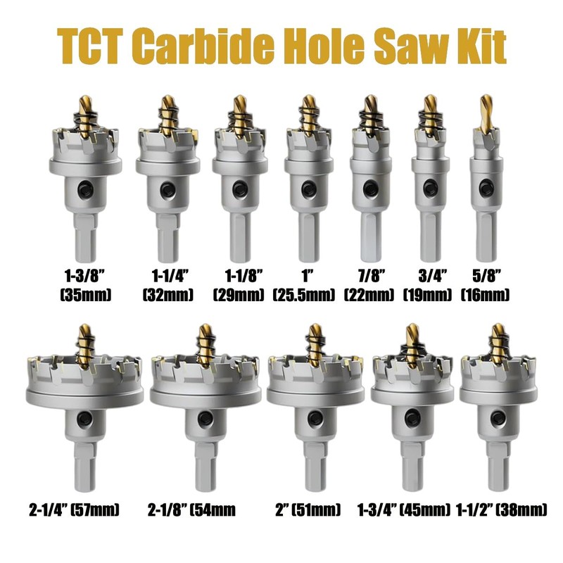 Metal Hole Saw Kit, 16pcs TCT 5/8"-2-1/4" Carbide Hole Saw