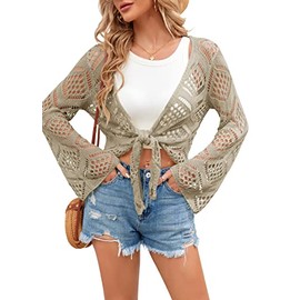 SUNMMWERY Womens Summer Boho Tops Sheer Crochet Coverup Beach Bathing Swimsuit Cover Ups Shrugs Crop Swimwear Outfits Khaki