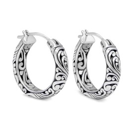 DEVATA Sterling Silver 925 Bali Filigree Solid Hoop Earrings DHN3358ASS (Bali Filigree 20mm)
