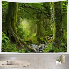 CORFOTO Fabric Virgin Forest Tapestry Wall Hanging Misty Forest Stream Trees Creek Rainforest Summer Scenery Wall Tapestry for Bedroom Living Room Dorm Decor Home Decorations 80Wx60H inches