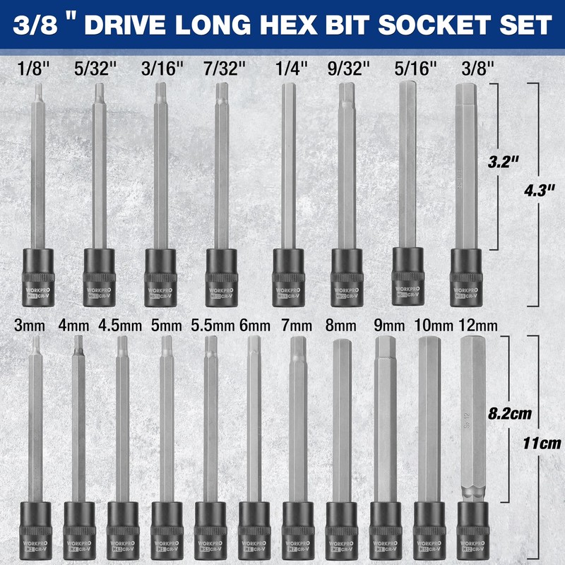 WORKPRO 19-piece 3/8 Inch Drive Extra Long Hex Bit Socket