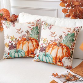 Artscope Fall Decorative Throw Pillow Covers 16x16 Inch Set of 2, Watercolor Pumpkin Fallen Leaves Outdoor Farmhouse Pillow Cases for Home Sofa Couch-Green Orange