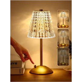 Rechargeable LED Table Lamp, Crystal Glass Shade, 3W, USB-C, Gold Metal Base, 11.8-inch